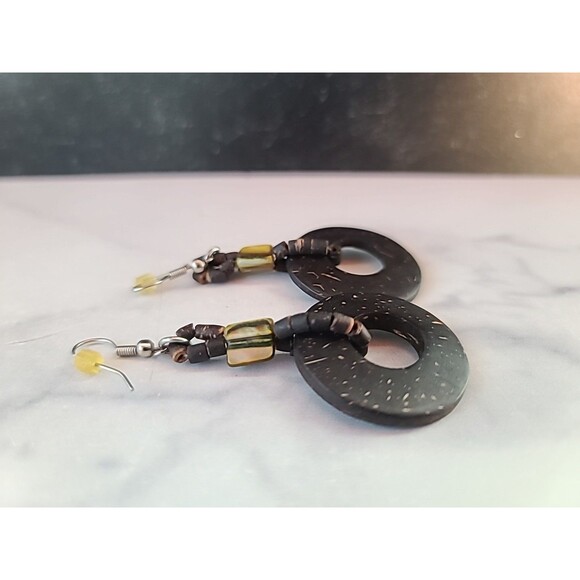 Brown And Beige Circular Beaded Dangling Earrings Vintage Costume Jewelry - Picture 8 of 10